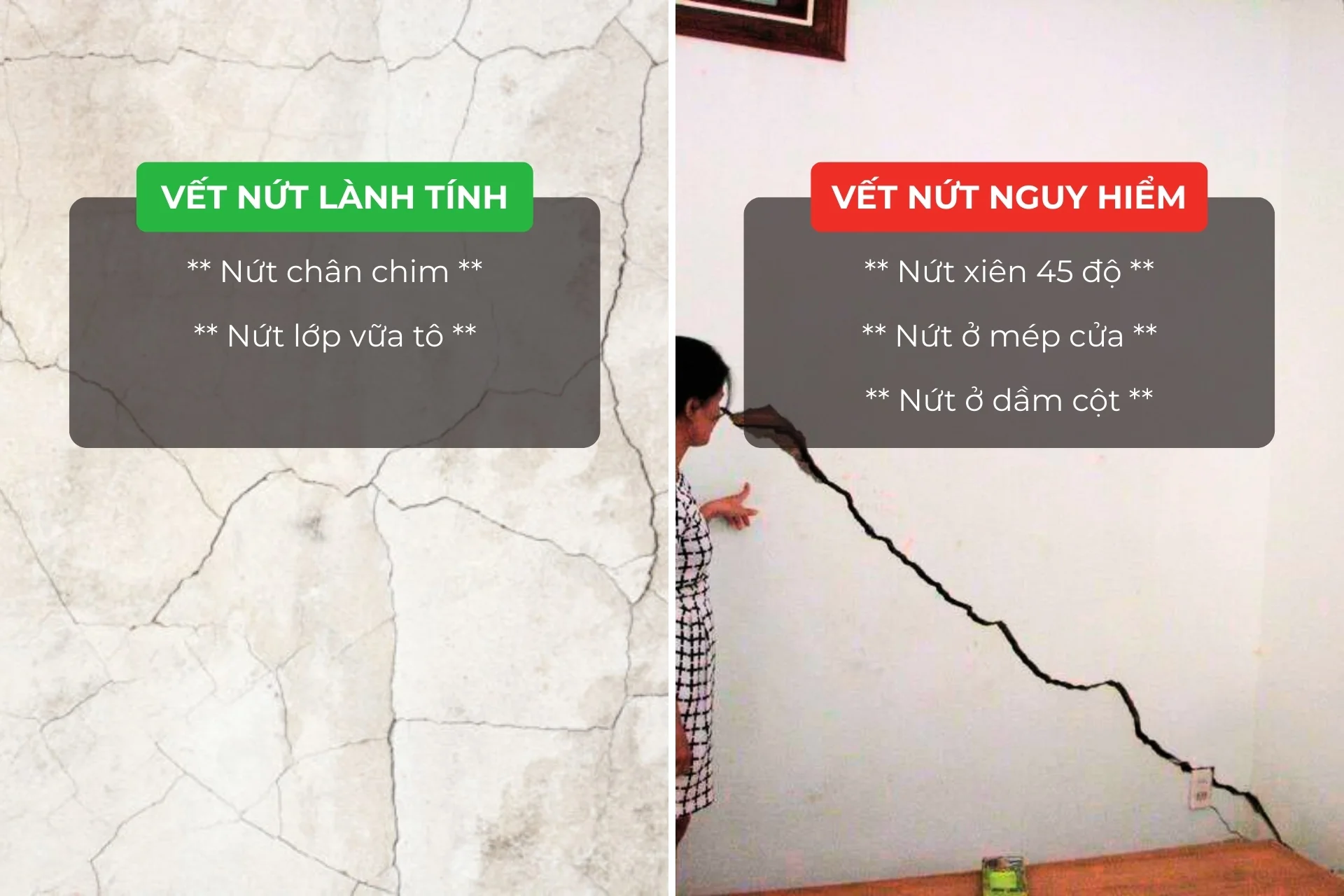 Hình ảnh so sánh vết nứt tường lành tính và vết nứt nguy hiểm