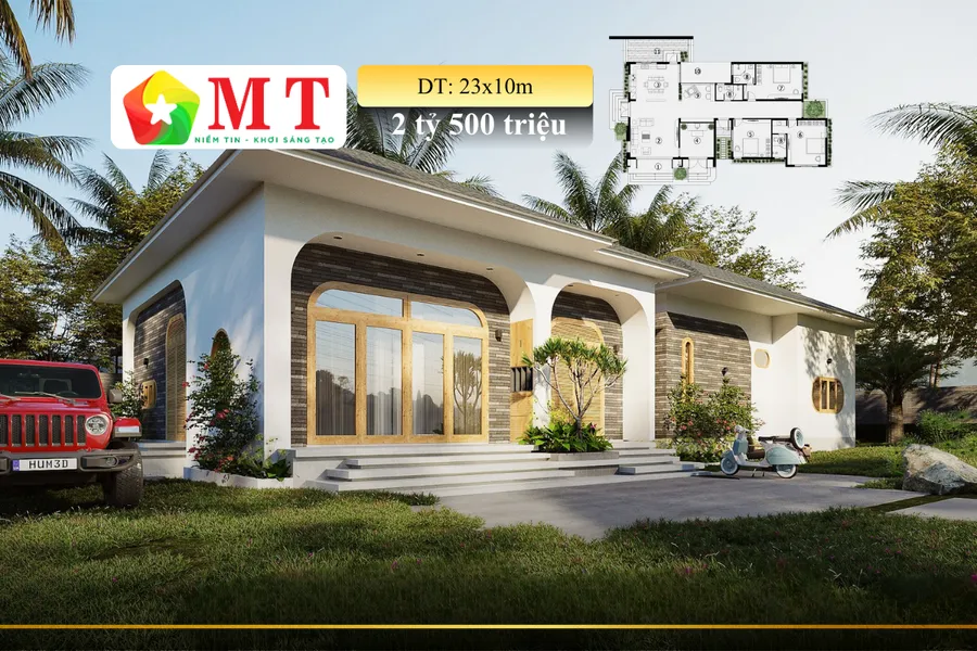 Mẫu Nhà Cấp 4 Mái Nhật 23x10m – Hiện Đại Nhiệt Đới