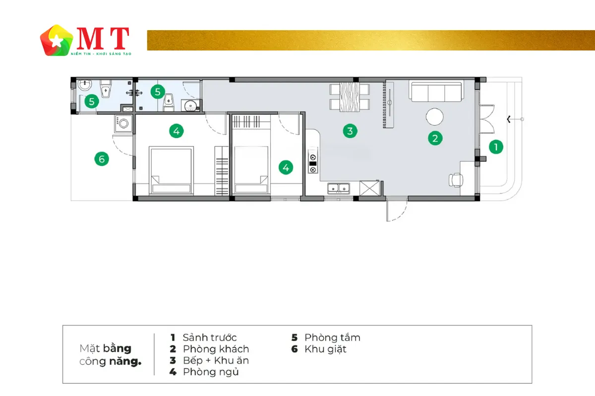 Mặt bằng công năng nhà cấp 4 tân cổ điển indochine 5x15m 660 triệu
