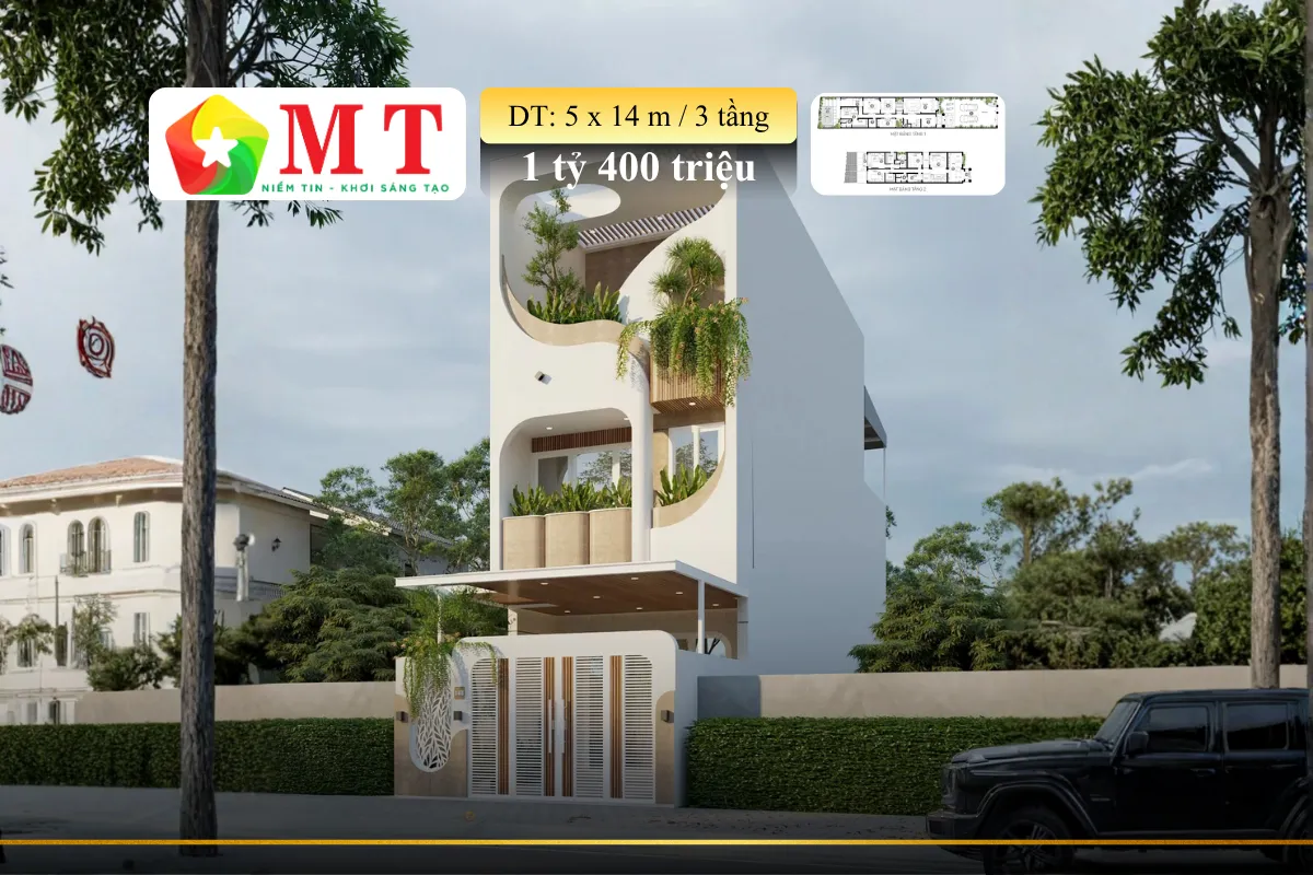 Phối cảnh mặt tiền nhà phố 3 tầng hiện đại 5x14m với 1 tỷ 400 triệu VND
